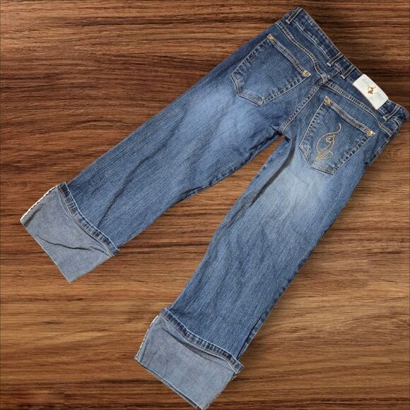 Baby Phat Cropped Denim Low Rise Cat Logo Jeans with Cuffed Hem - Picture 3 of 10